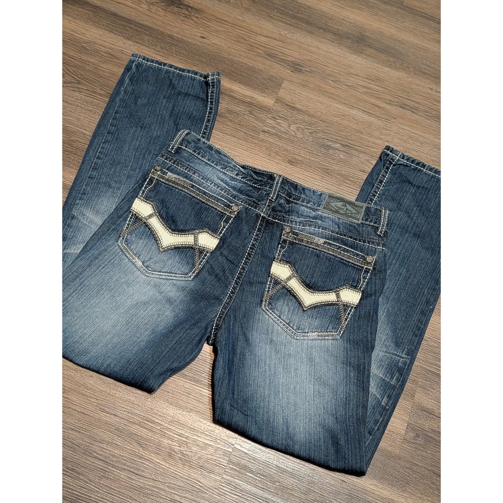 Antique Rivet SS 010 Mens Straight Leg Jeans 34x32 Dark Wash Heavy Stitch Blue